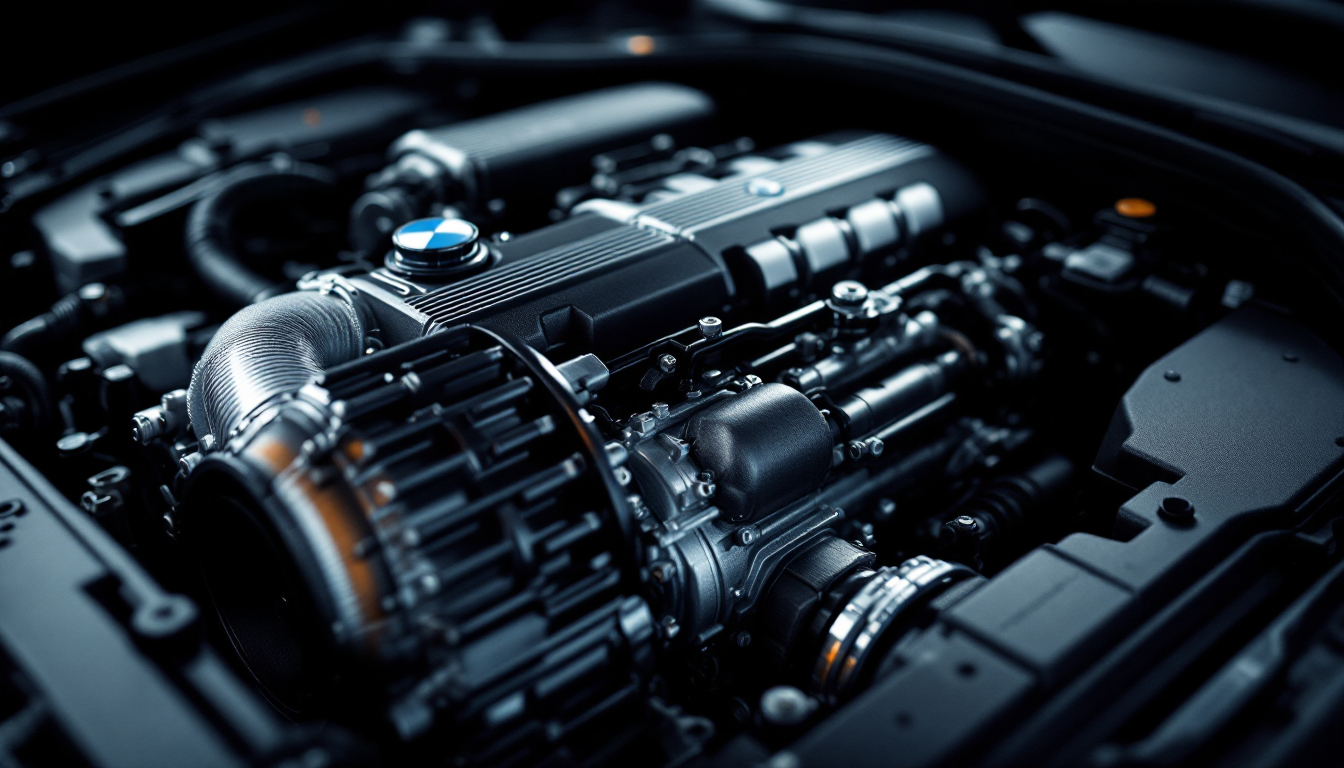 깨끗한 스튜디오 조명 아래 클로즈업된 BMW 2.0리터 디젤 터보 엔진
