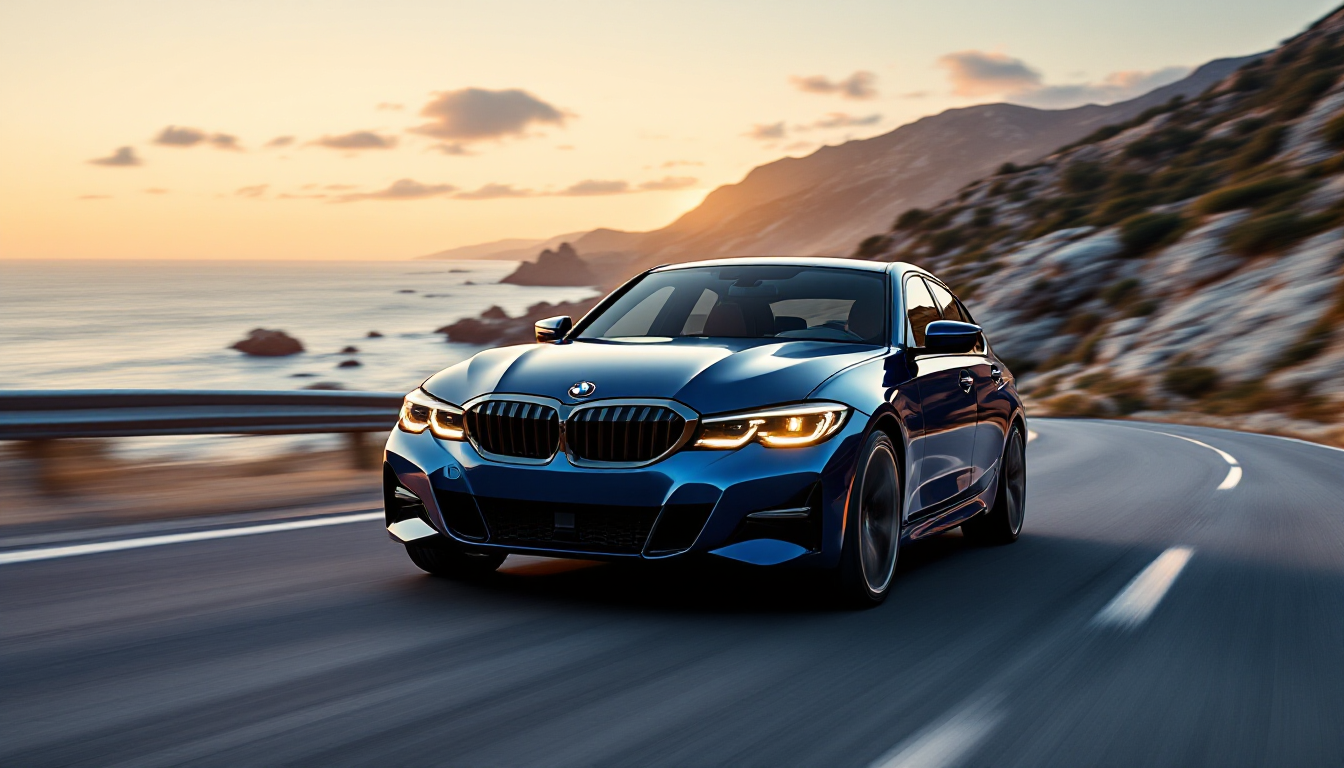 해질녘 해안도로를 질주하는 다이내믹한 BMW 320d M스포츠.