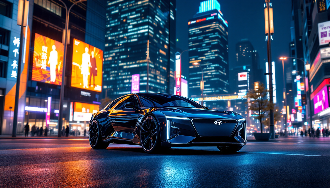 미래지향적 디자인이 돋보이는 2025년형 현대 아반떼의 도시 야경 속 모습