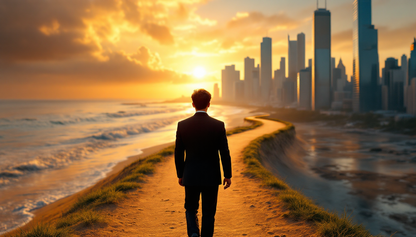 경제적 자유를 향한 여정의 시작을 상징하는 갈림길에 선 직장인.