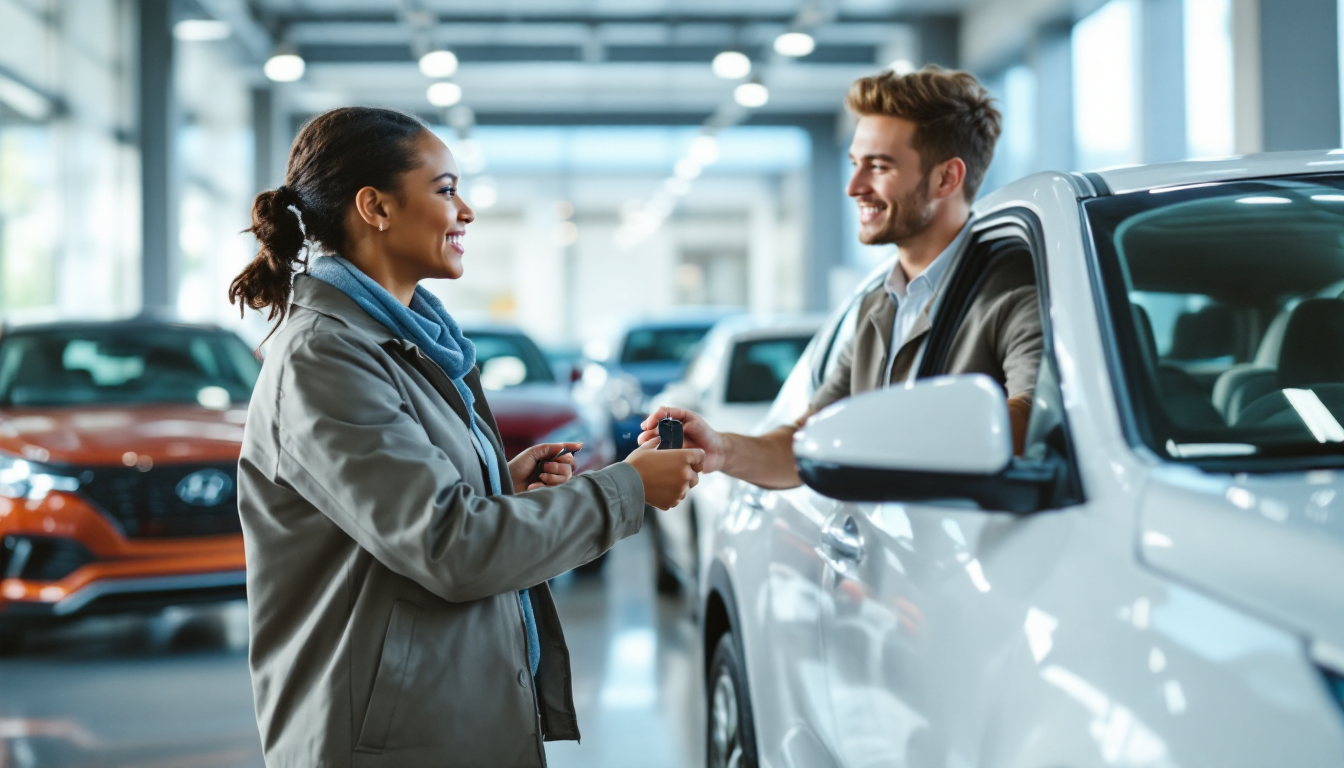 현대자동차 출고 센터에서 2025년형 아반떼 CN7 신차를 인도받는 운전자