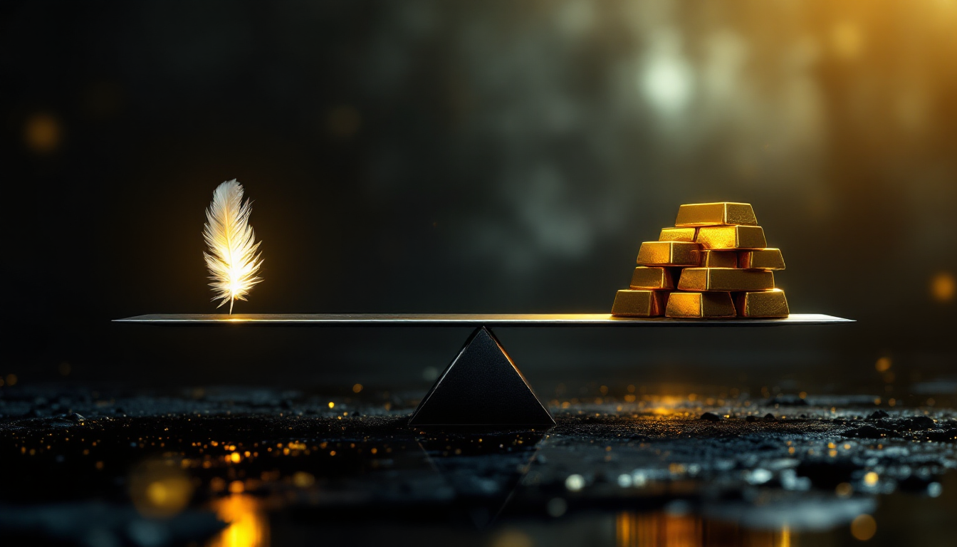 레버리지 거래의 위험과 수익을 상징하는 이미지. 저울의 한쪽에는 깃털이, 다른 쪽에는 무거운 금괴가 놓여 있으며, 이 저울이 칼날 위에 아슬아슬하게 균형을 잡고 있다.