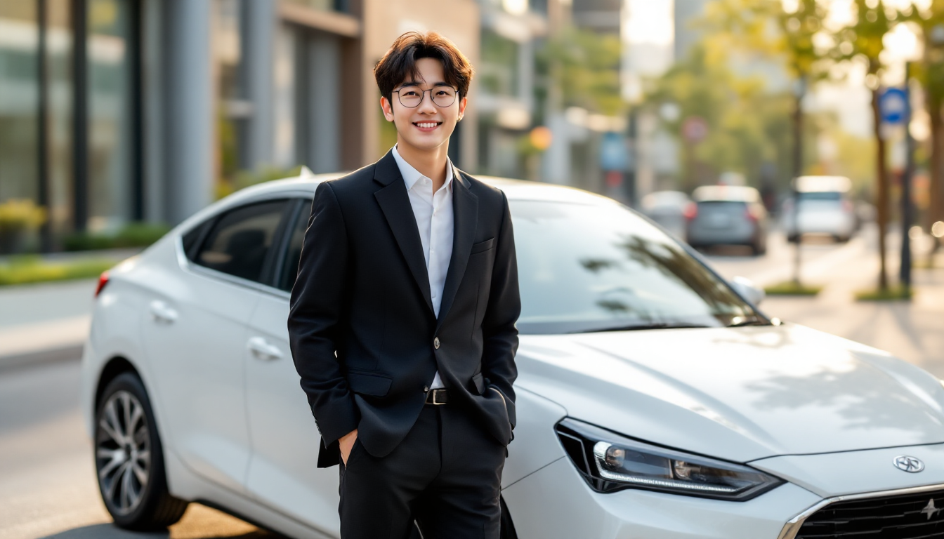 한 젊은 사회 초년생이 서울 도심에 주차된 흰색 준중형 세단 옆에서 만족스러운 표정으로 서 있는 모습