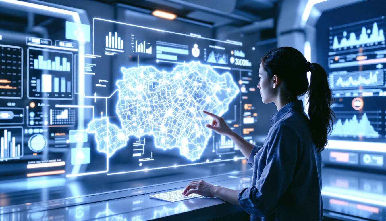 한 투자자가 미래적인 홀로그램 인터페이스를 통해 AI에게 부동산 시장에 대한 질문을 하고 있는 모습