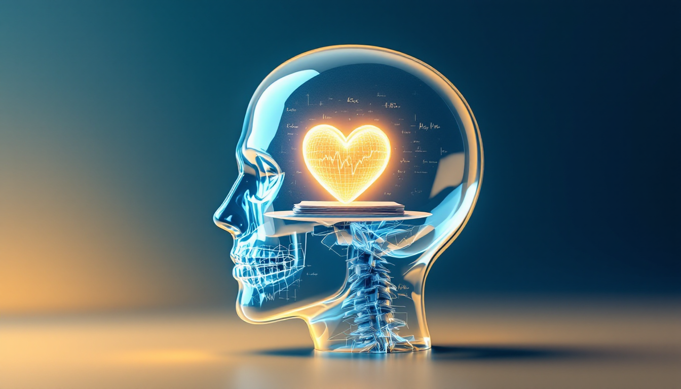 인간의 머릿속 저울에서 심장이 복잡한 금융 지표보다 무겁게 표현되어, 부는 지능보다 심리에 달려있음을 상징하는 이미지.