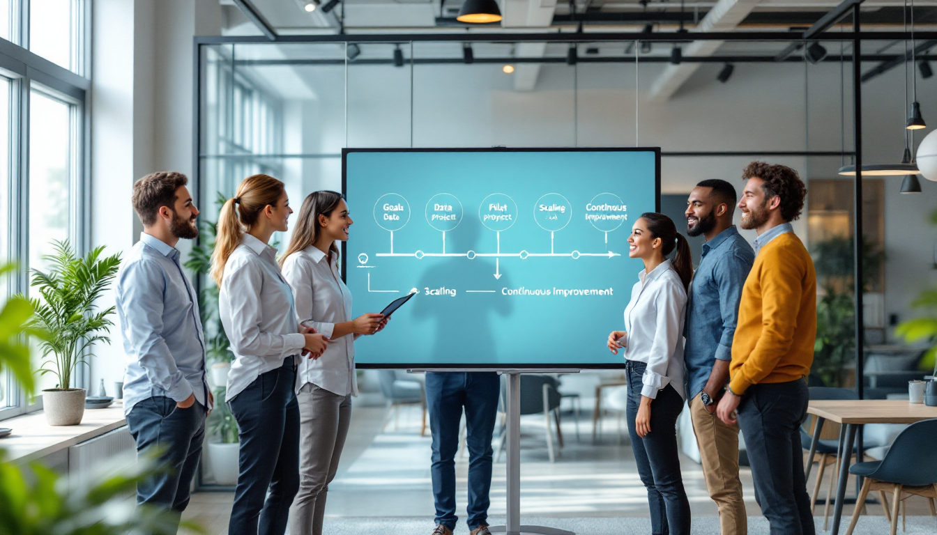 팀원들이 AI 도입을 위한 단계별 로드맵을 계획하는 모습