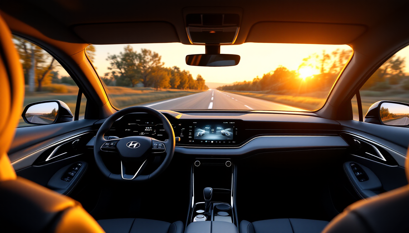 현대 아반떼 CN7의 운전석에서 바라본 10.25인치 파노라마 디스플레이와 미래지향적인 실내 디자인