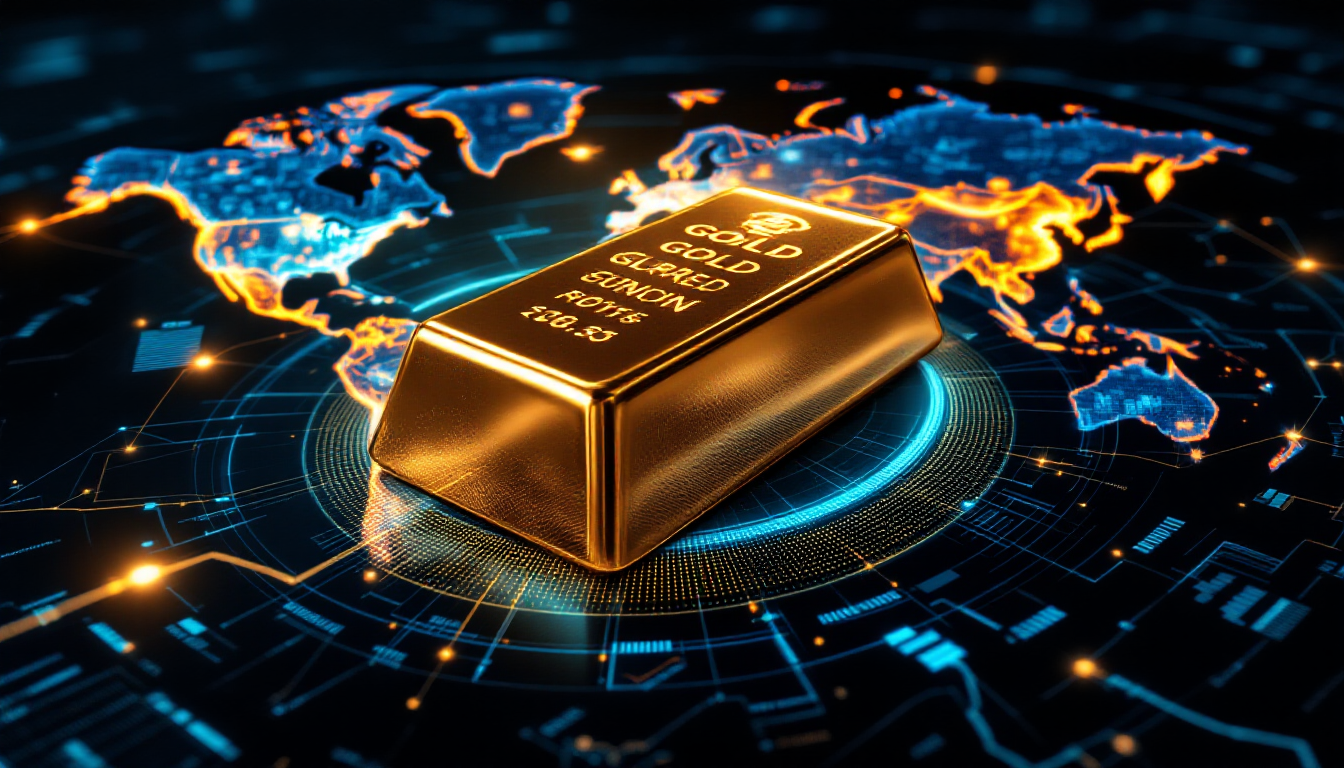 글로벌 경제 데이터와 금괴가 함께 있는 이미지, 금의 전략적 자산으로서의 가치를 상징