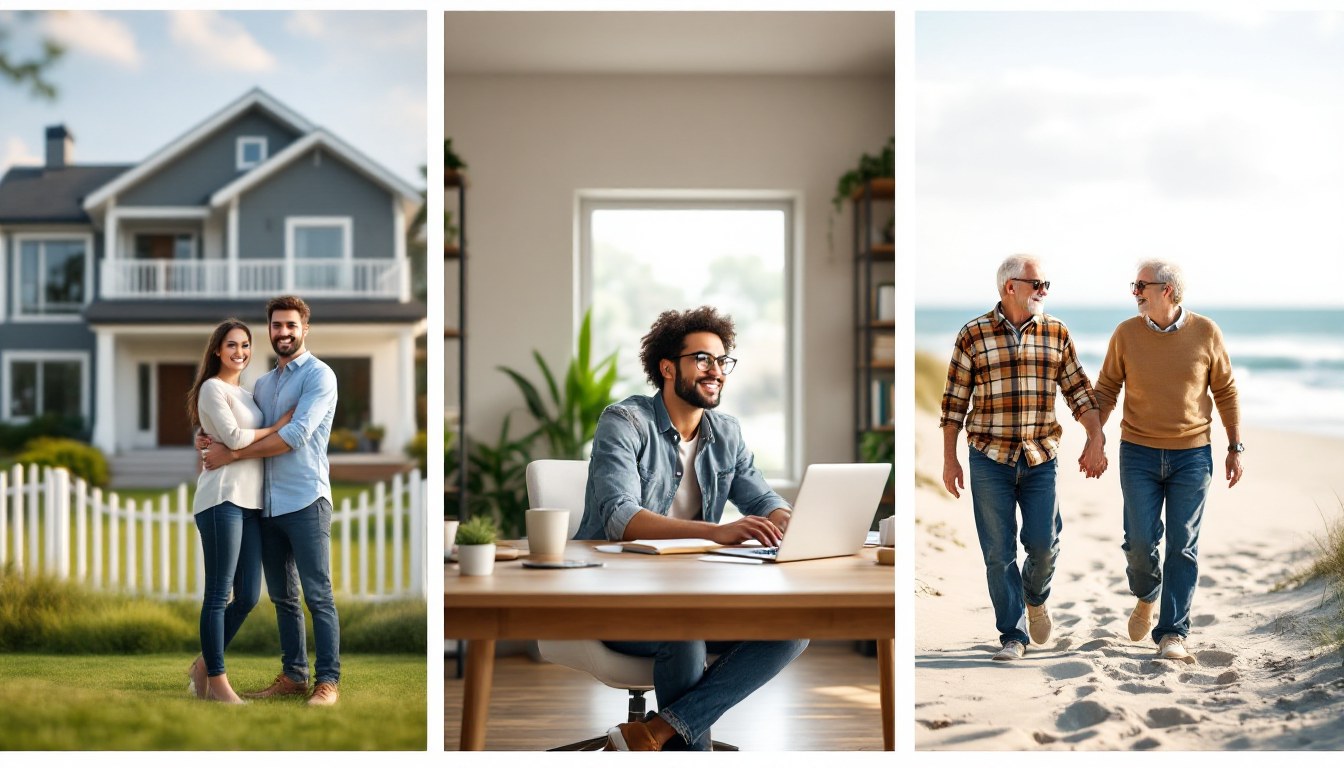 내 집 마련, 경제적 자유, 안정적인 노후 등 각자의 재무 목표를 달성하고 만족스러워하는 다양한 사람들의 모습.