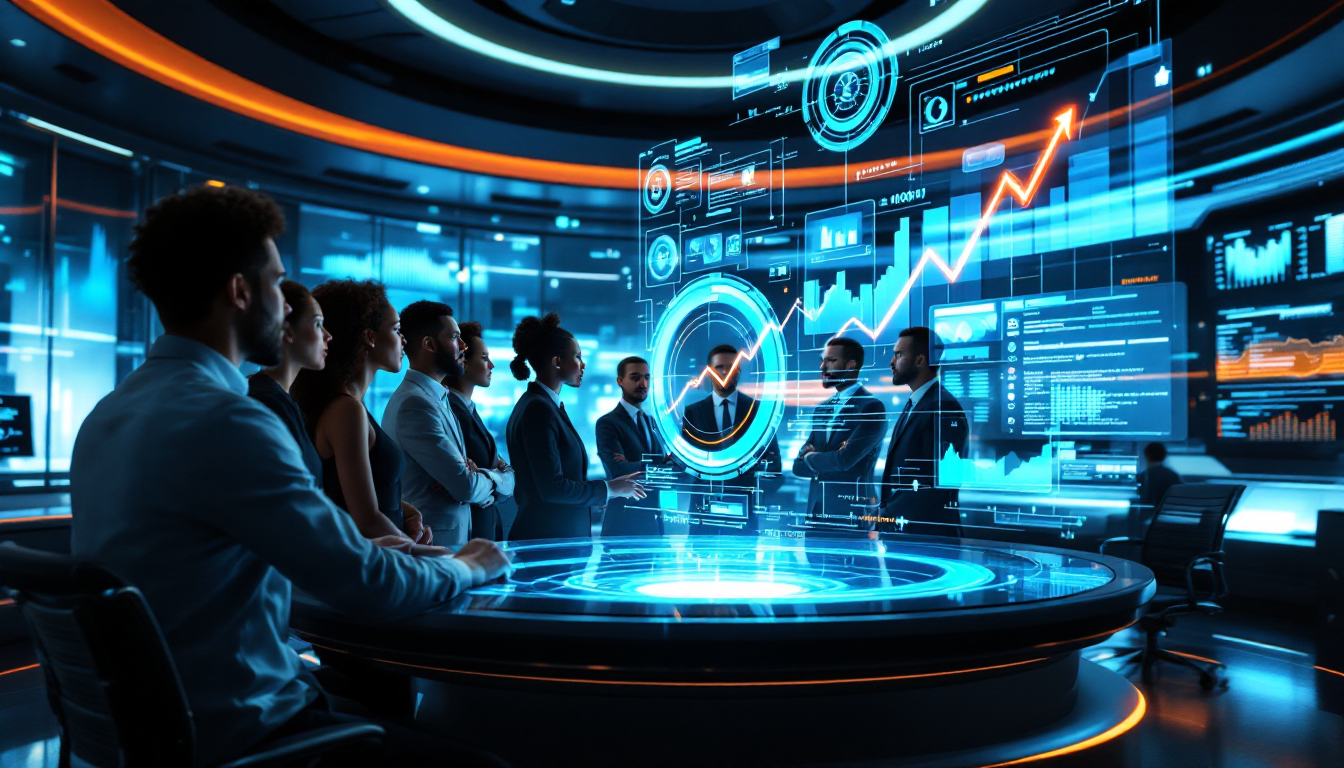 미래형 지휘 센터에서 홀로그램 데이터를 분석하는 비즈니스 전문가들