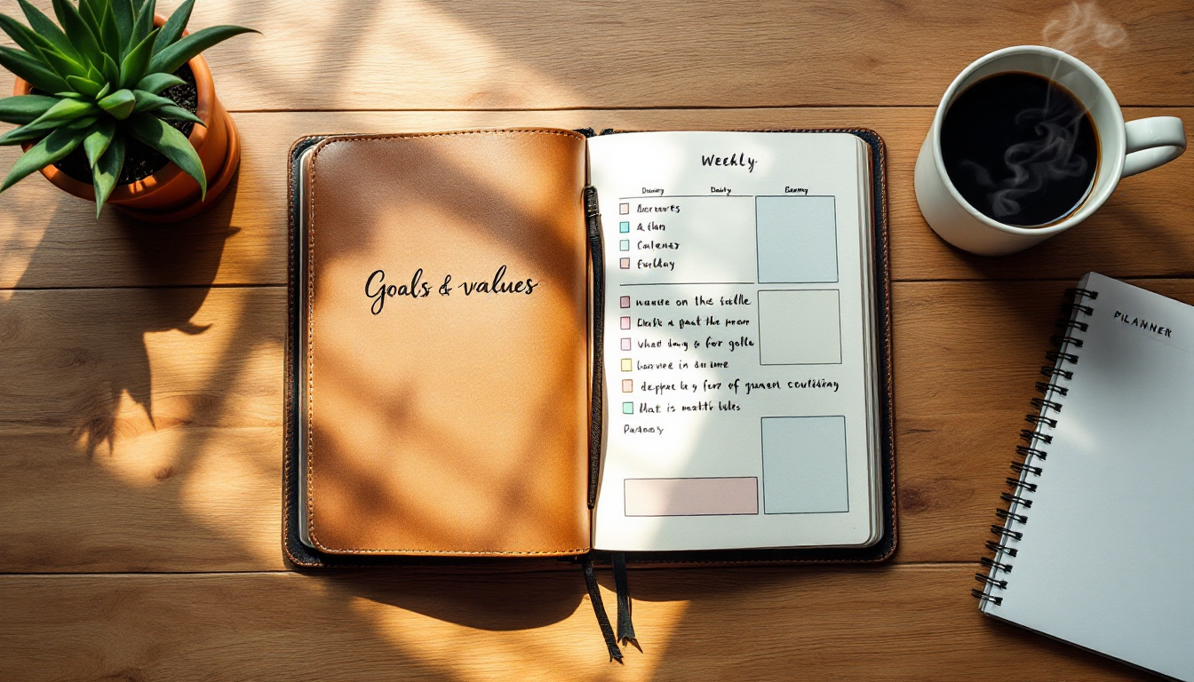 FIRE 이후의 삶을 체계적으로 계획하는 모습을 보여주는 책상 위 다이어리와 플래너.