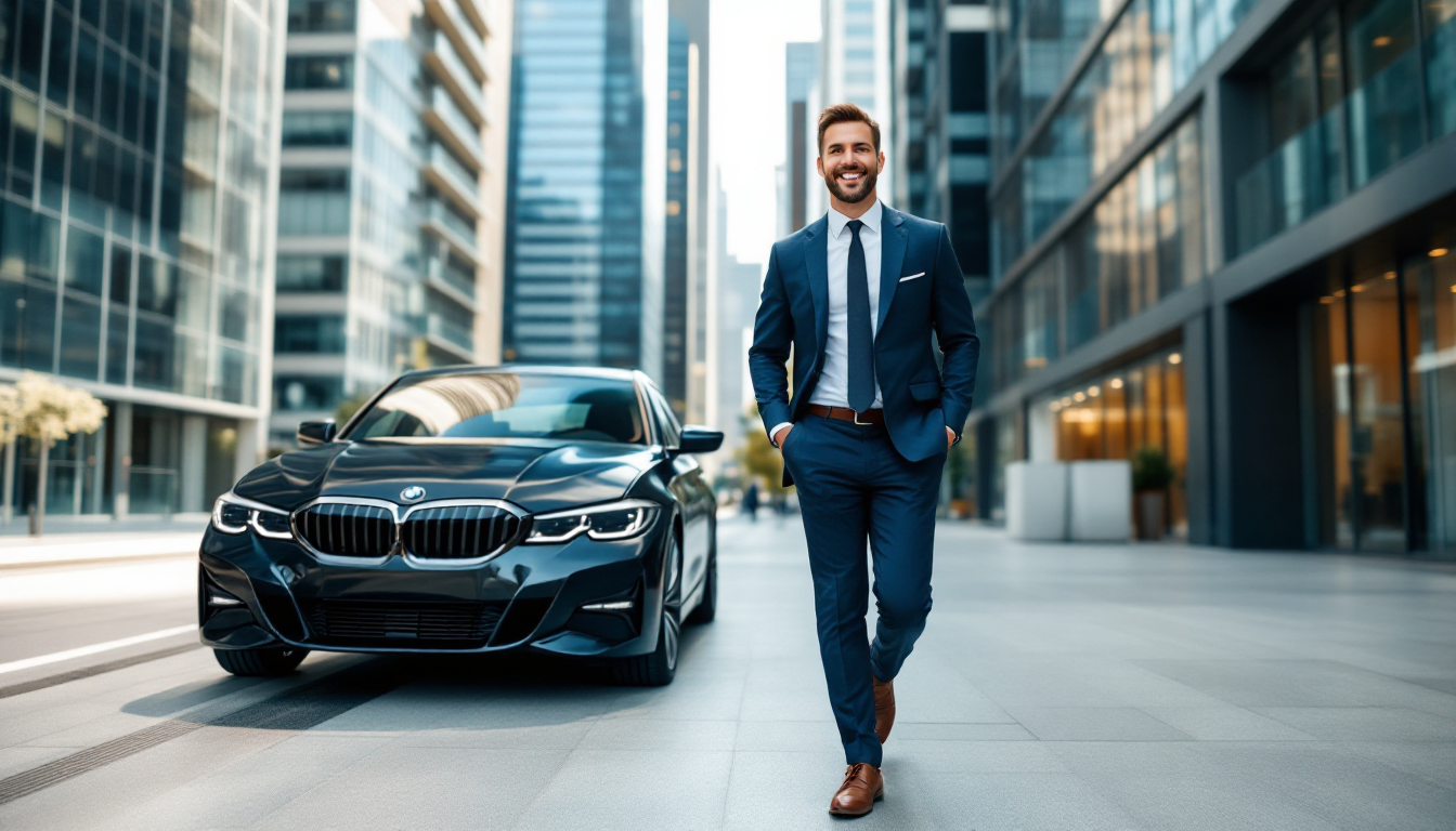 자신의 BMW 320d에 만족하며 다가가는 이상적인 오너의 모습.