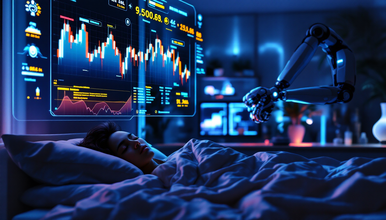 잠자는 동안 인공지능 로봇이 비트코인 자동매매를 실행하는 미래적인 모습