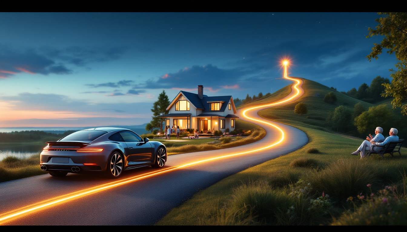 단기, 중기, 장기 목표인 자동차, 집, 안정된 노후를 향해 뻗어있는 인생 경로와 맞춤형 자산 운용 전략.