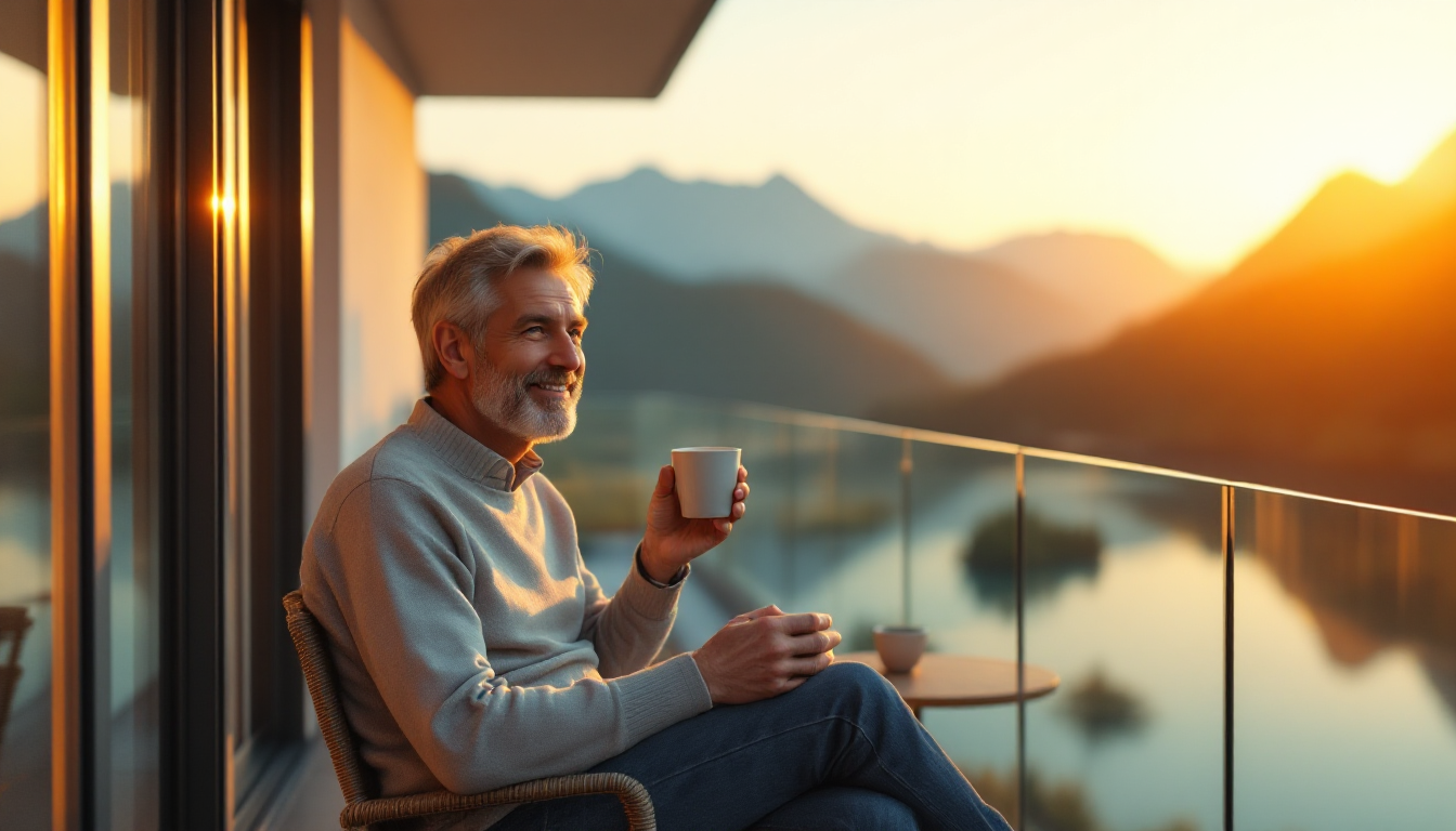 조기 은퇴 후 평화로운 아침, 발코니에서 커피를 마시며 풍경을 감상하는 사람.