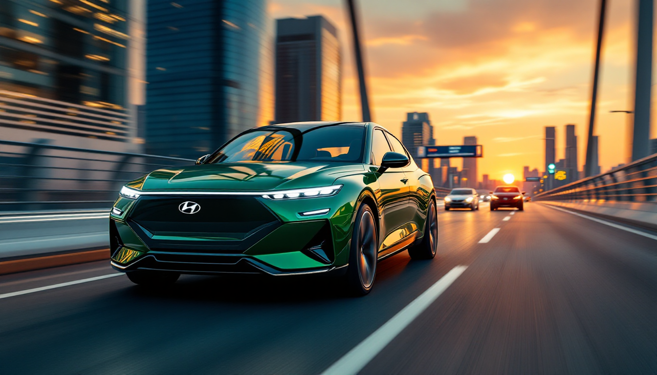 해질녘 도시의 다리를 달리는 2025년형 현대 아반떼 CN7 외관