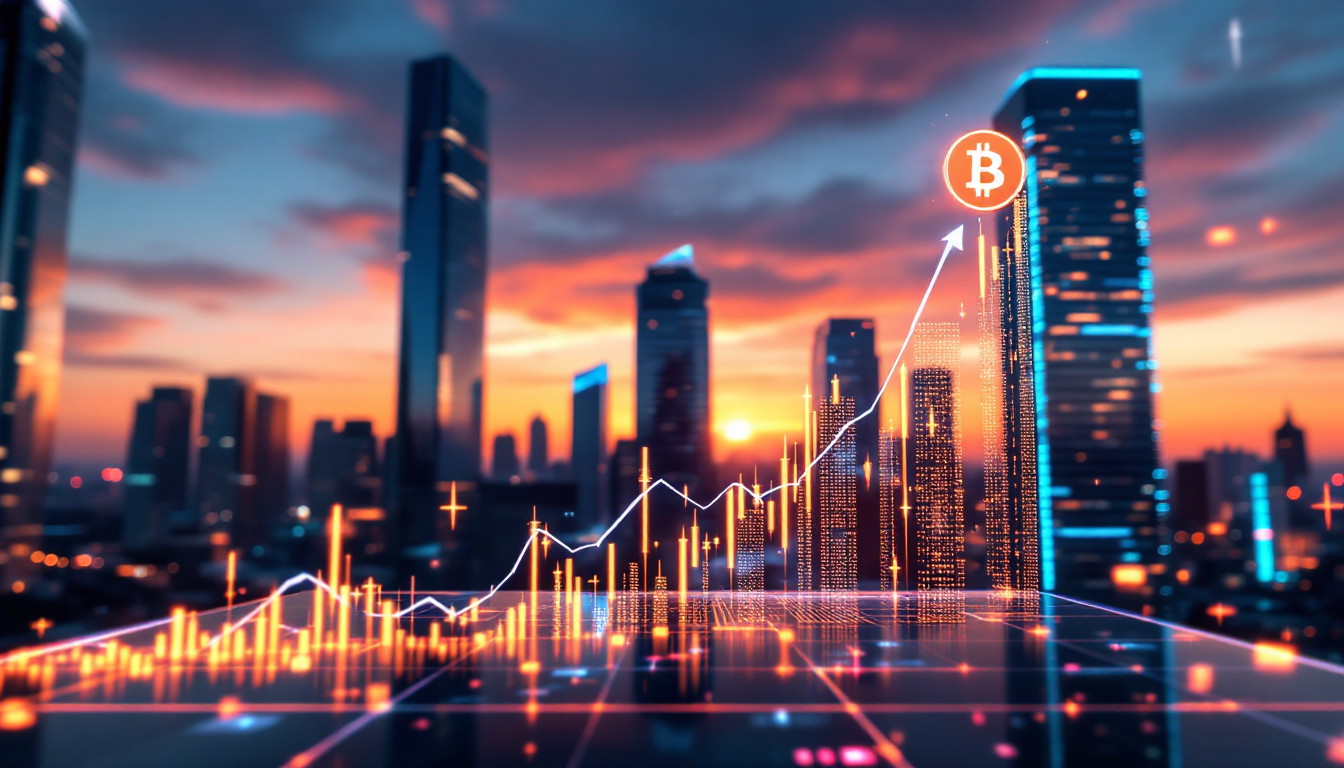 2025년 10만 달러를 돌파한 비트코인을 상징하는 상승 그래프와 도시의 야경.