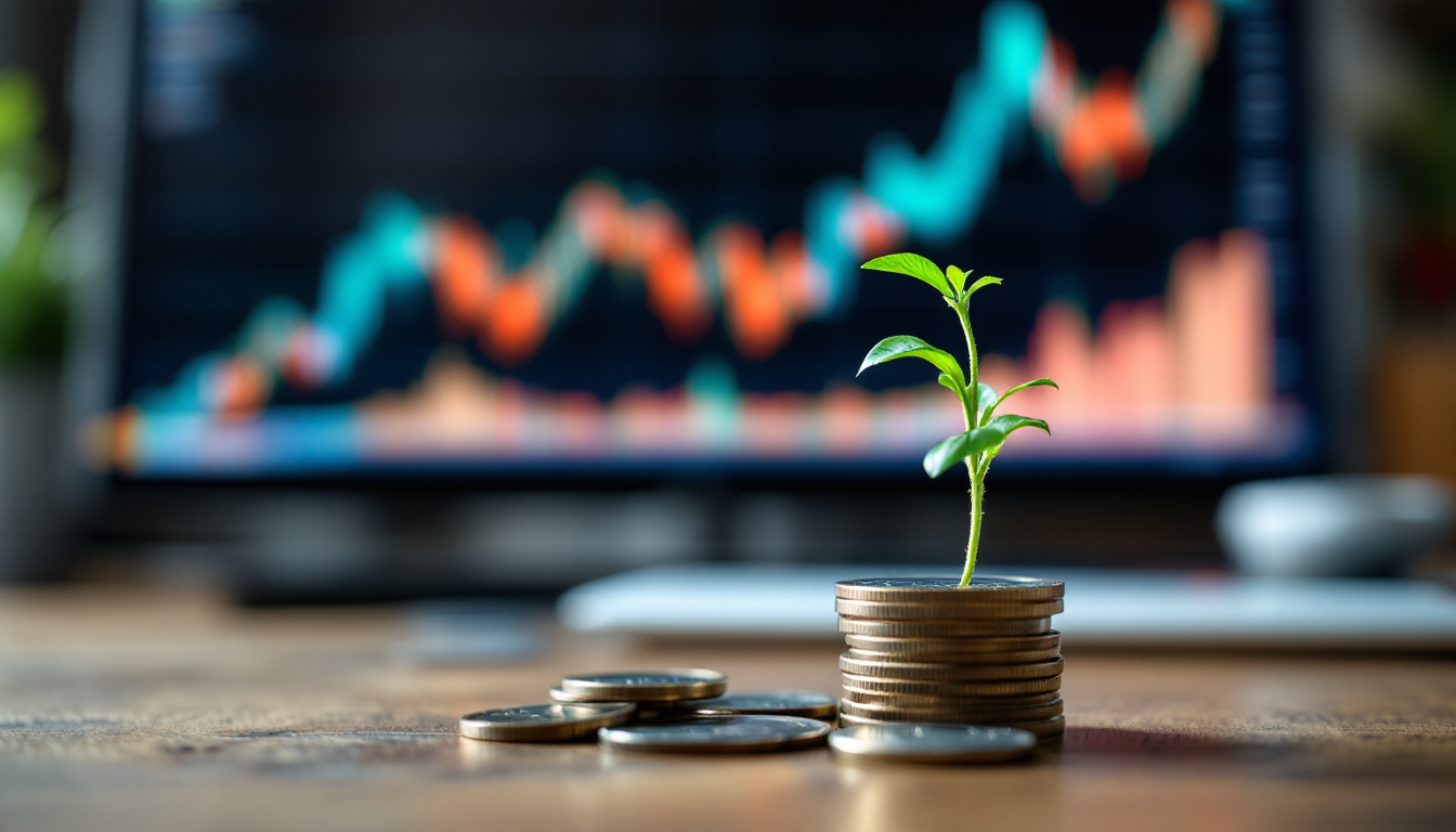 동전 더미에서 자라나는 새싹과 상승하는 주식 차트를 통해 투자를 통한 자산 증식을 표현한 이미지.