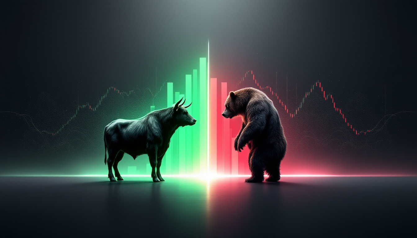 암호화폐 선물 거래의 롱 포지션과 숏 포지션을 상징하는 황소와 곰이 각각 상승 및 하락 차트 그래프를 배경으로 서 있는 이미지.