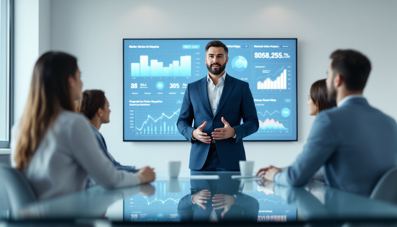 부동산 전문가가 AI가 생성한 시장 분석 데이터를 배경으로 고객에게 상담을 제공하는 모습
