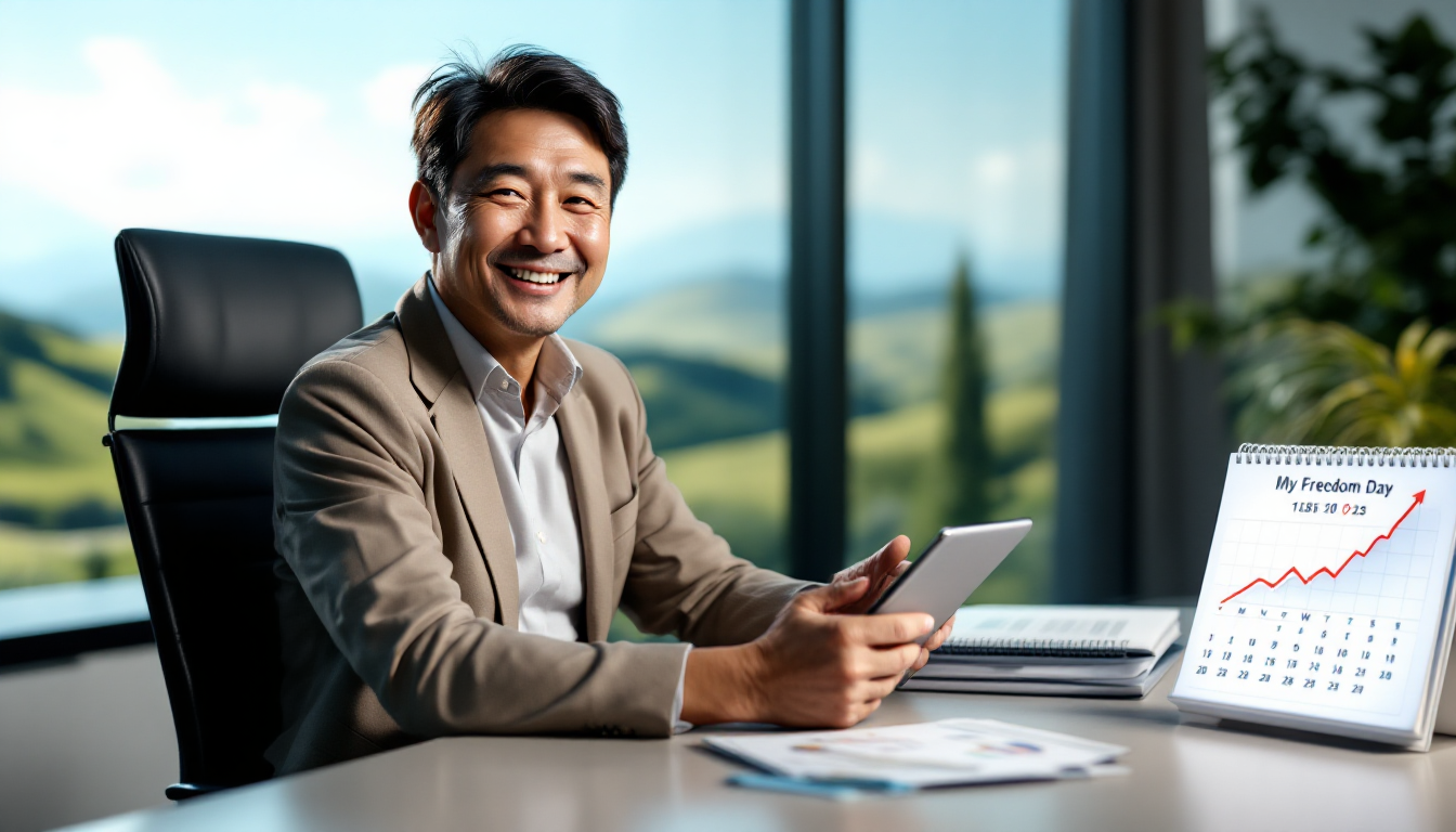 조기 은퇴를 계획하는 사람이 책상에 앉아 밝은 미래를 그리고 있는 모습. 세금 계획의 중요성을 상징합니다.