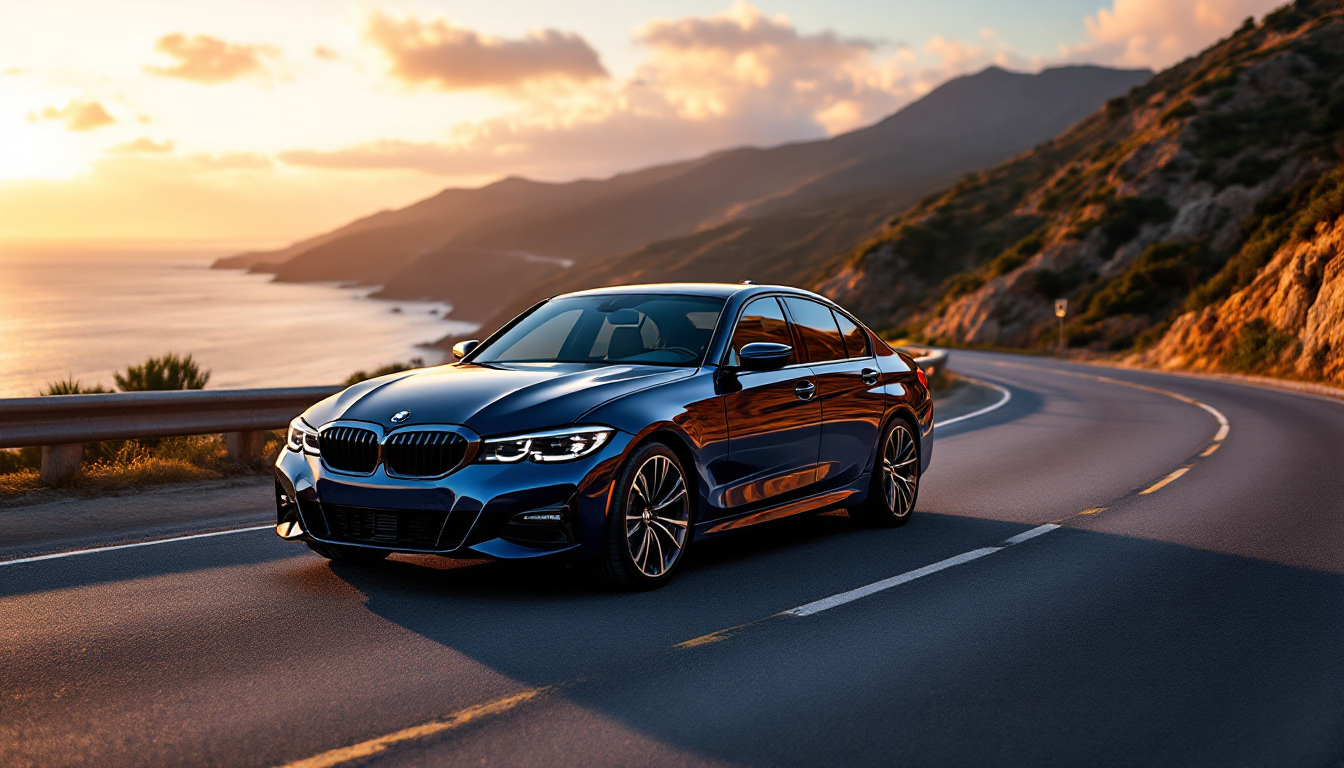 해질녘 해안 도로에 주차된 깨끗하고 잘 관리된 BMW 320d 세단