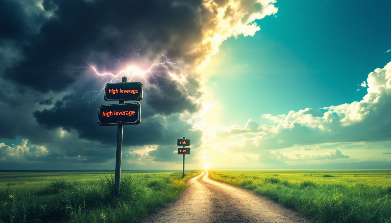 고위험 레버리지 투자와 안정적인 분산 투자라는 두 갈래 길의 결과를 보여주는 이미지