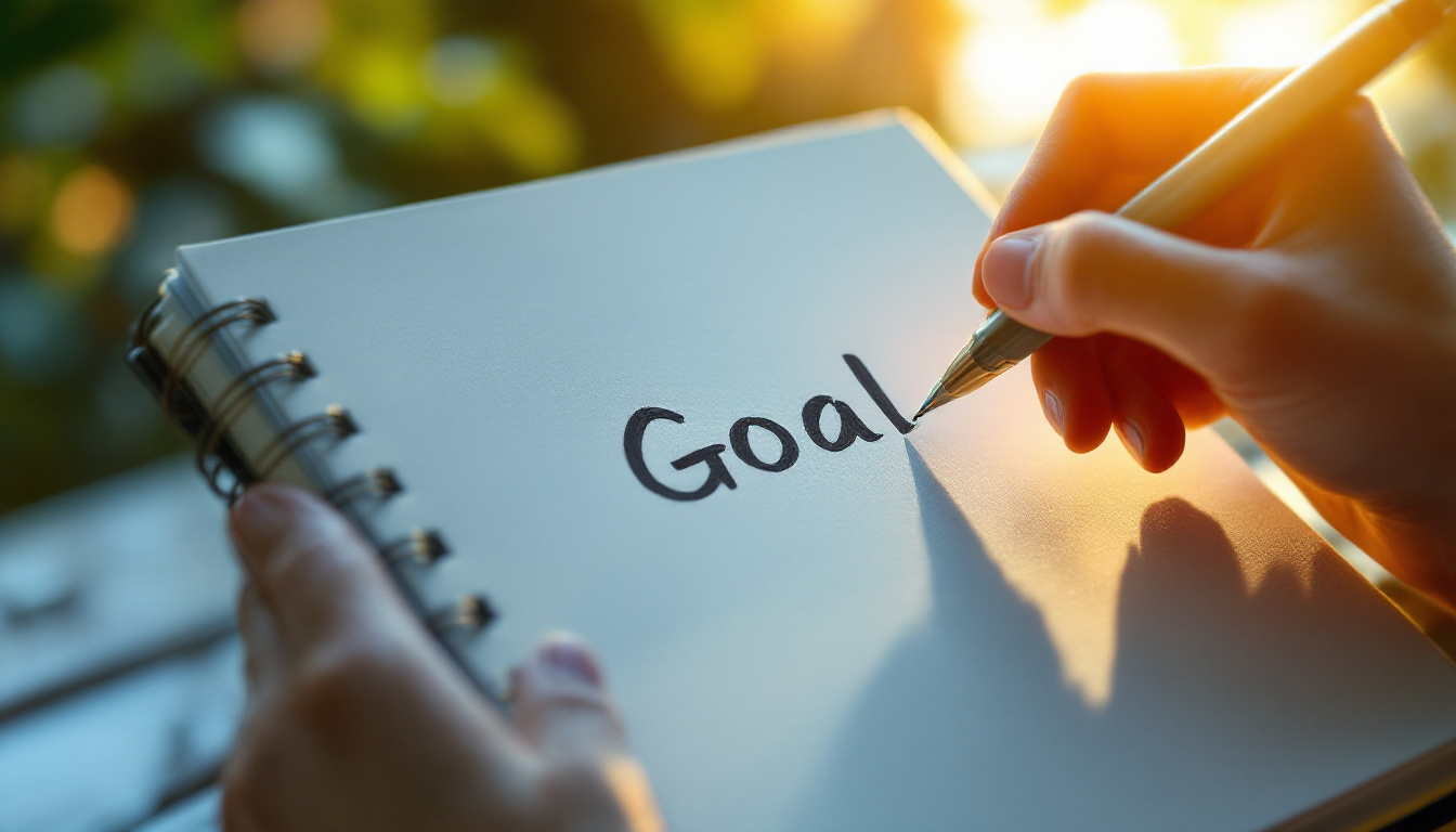 새 노트에 펜으로 첫 번째 목표를 적으며 작은 실천을 시작하는 손의 클로즈업.