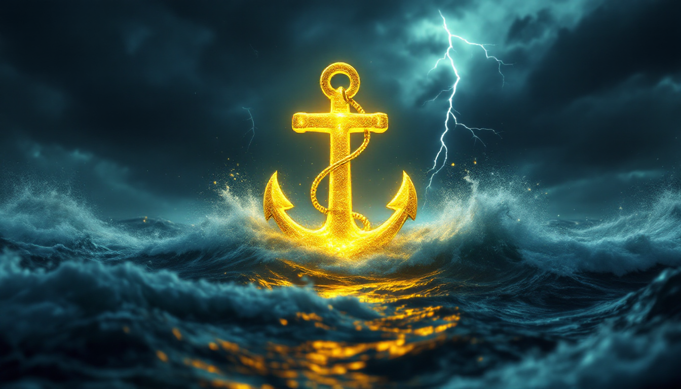 폭풍우가 몰아치는 바다에서 굳건히 자리를 지키는 황금 닻, 금의 안전자산 역할을 상징