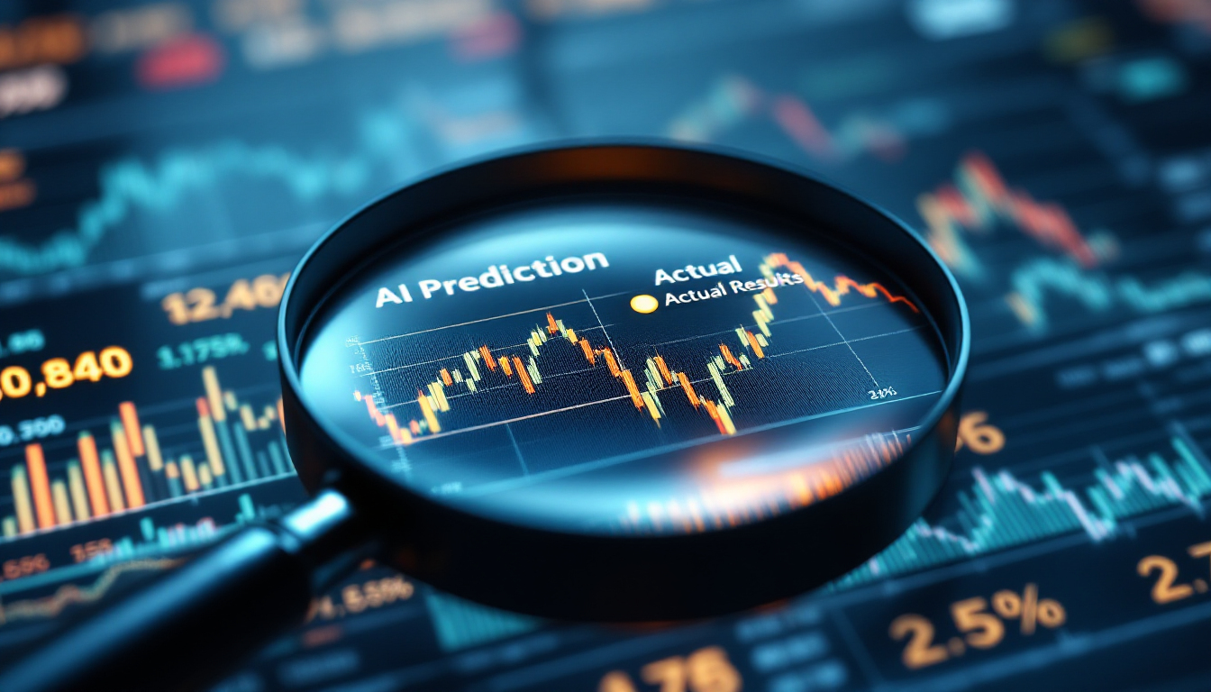 AI의 부동산 시장 예측치와 실제 결과값을 돋보기로 비교하며 정확도를 검증하는 이미지