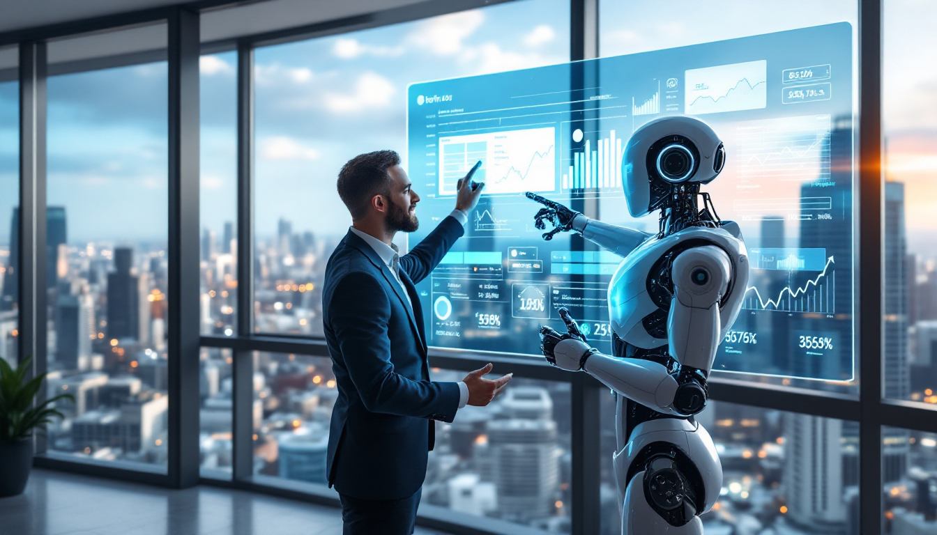 투자자와 그의 스마트한 투자 비서인 자동매매 로봇이 함께 성공적인 미래를 바라보는 모습