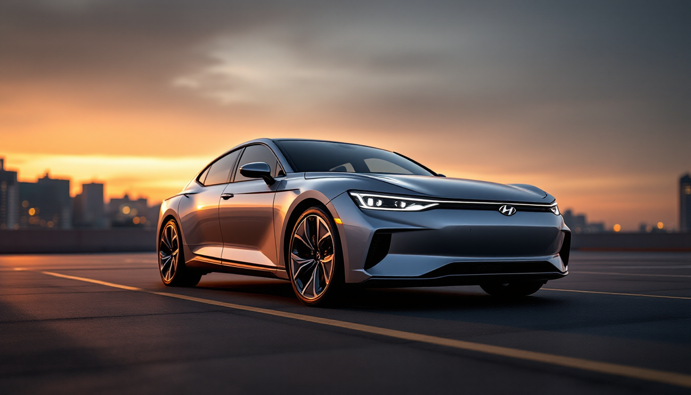 해질녘 도시를 배경으로 주차된 2024년형 현대 아반떼의 모습