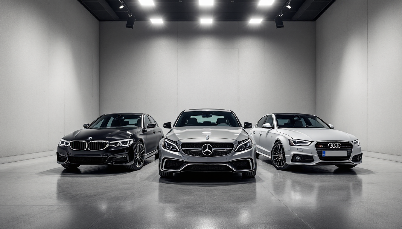 경쟁 모델인 벤츠 C클래스, 아우디 A4와 나란히 서 있는 BMW 320d.