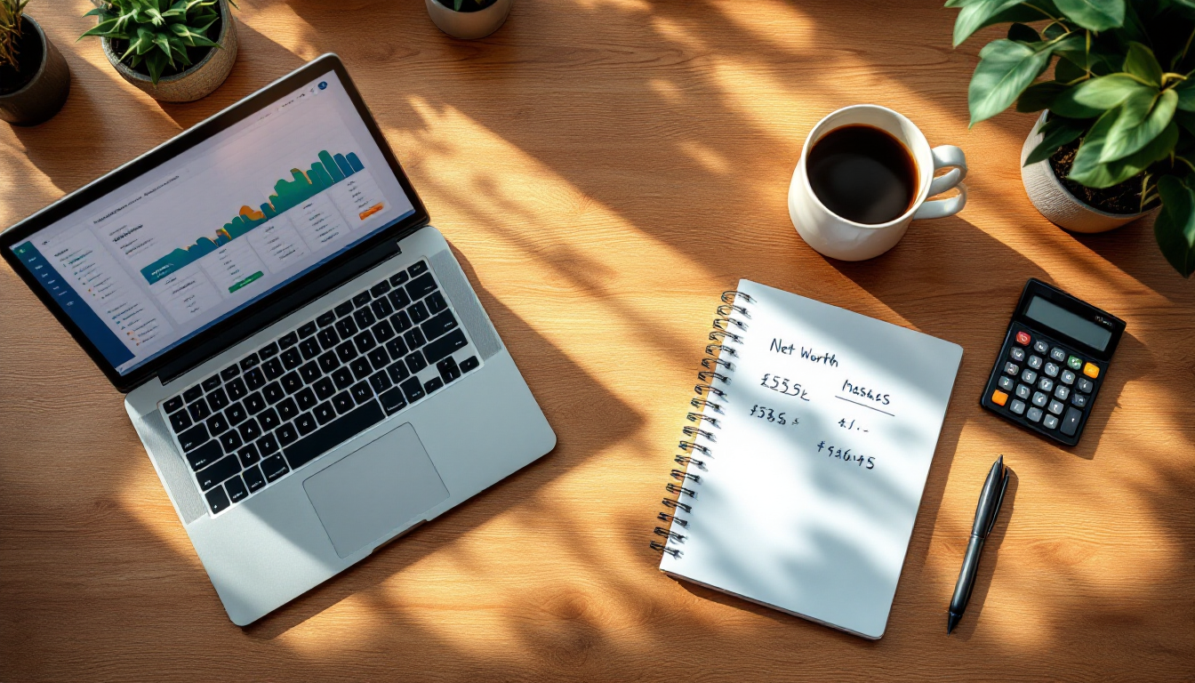 노트북, 계산기, 필기 노트가 놓인 책상 위에서 재무 상태를 진단하고 목표를 설정하는 모습.
