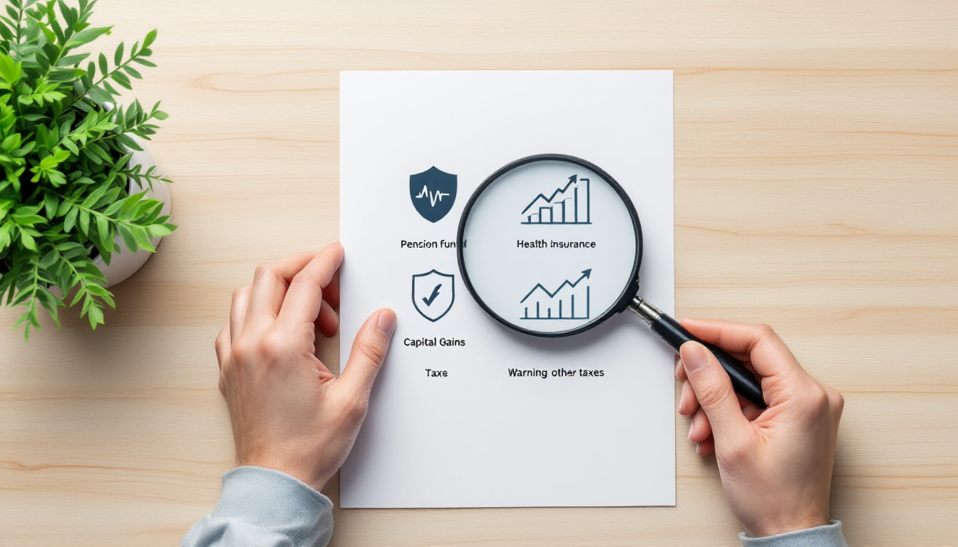 돋보기를 통해 연금소득세, 건강보험료 등 조기 은퇴자가 알아야 할 주요 세금 항목을 자세히 들여다보는 이미지.