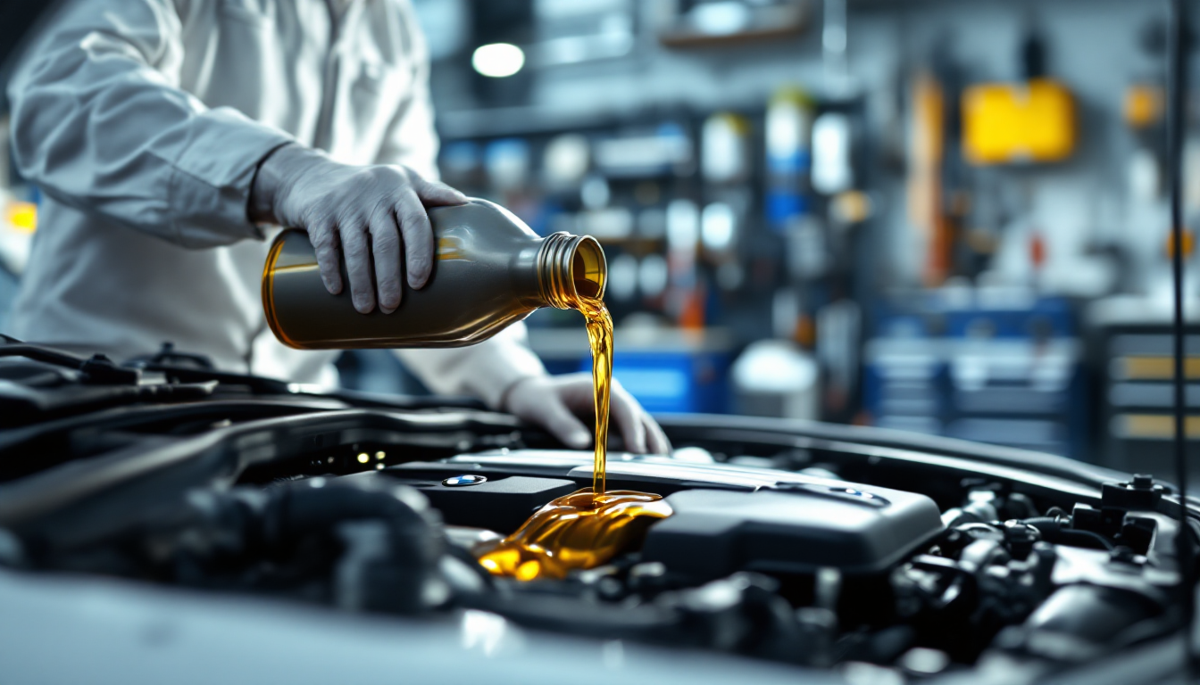 정비사가 BMW 엔진에 깨끗한 새 엔진오일을 붓고 있는 장면