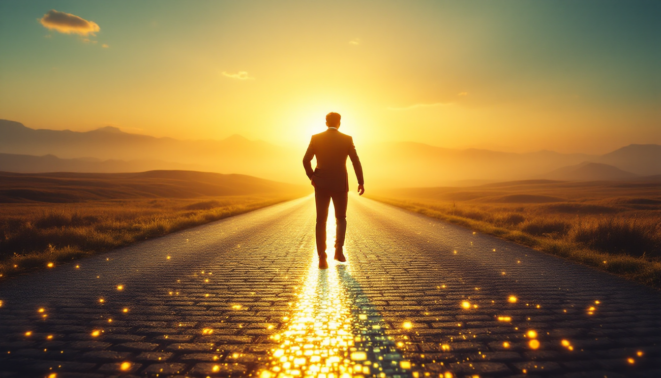 AI라는 새로운 길을 선택하여 비즈니스의 미래로 나아가는 것을 상징하는 이미지