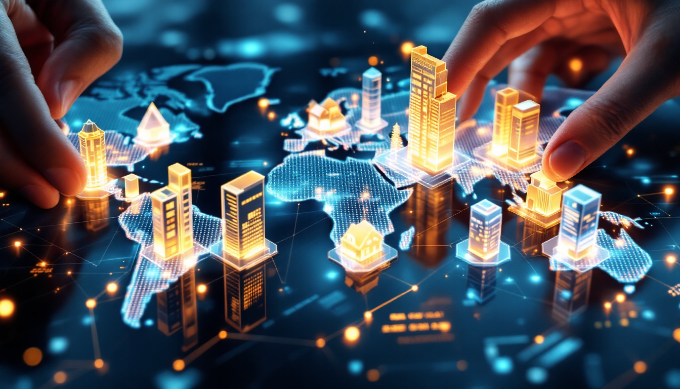 AI를 활용하여 전 세계 지도 위에 아파트, 오피스 빌딩 등 다양한 부동산 자산으로 포트폴리오를 구성하는 손