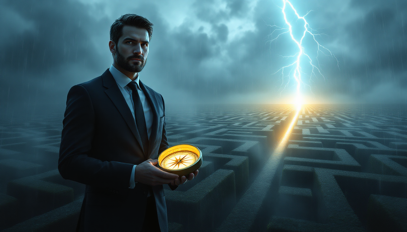 경제적 불확실성이라는 위기를 분석과 전략을 통해 기회로 전환하는 현명한 투자자의 모습을 상징하는 이미지