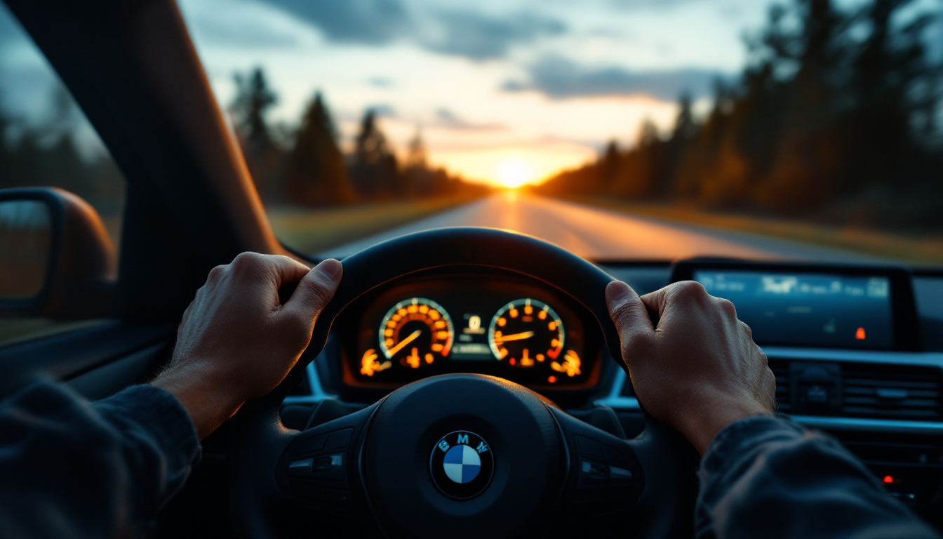 BMW 320d의 운전대를 잡고 앞으로의 여정을 바라보는 운전자의 모습