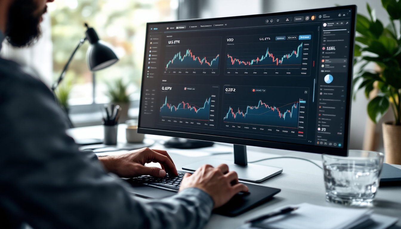 컴퓨터 화면으로 여러 미국 ETF 상품을 비교하며 현명한 선택을 고민하는 투자자의 모습.
