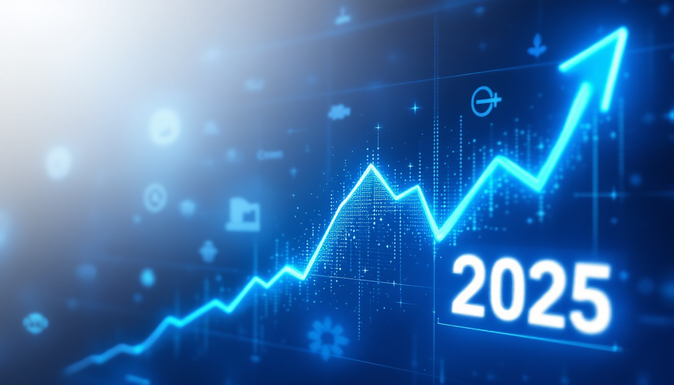 2025년 미국 주식 시장의 장기적 우상향 성장을 나타내는 밝고 희망적인 그래프 이미지.