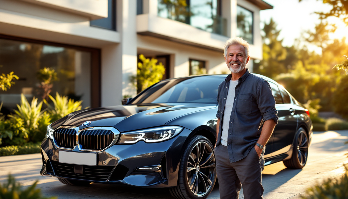 자신의 BMW 320d 차량 옆에 만족스럽게 서 있는 장기 오너