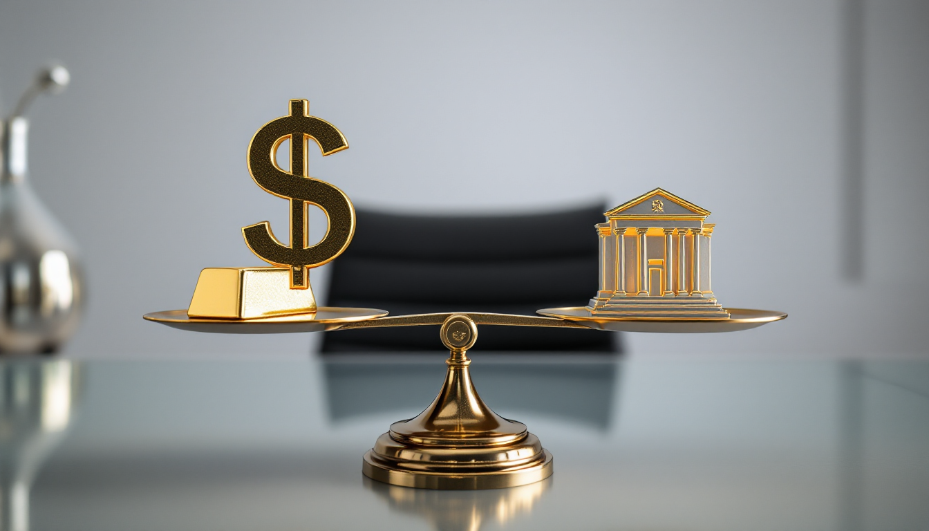 저울 위에서 달러 및 연준 아이콘과 균형을 이루고 있는 금괴, 거시경제와 금 가격의 상관관계를 상징