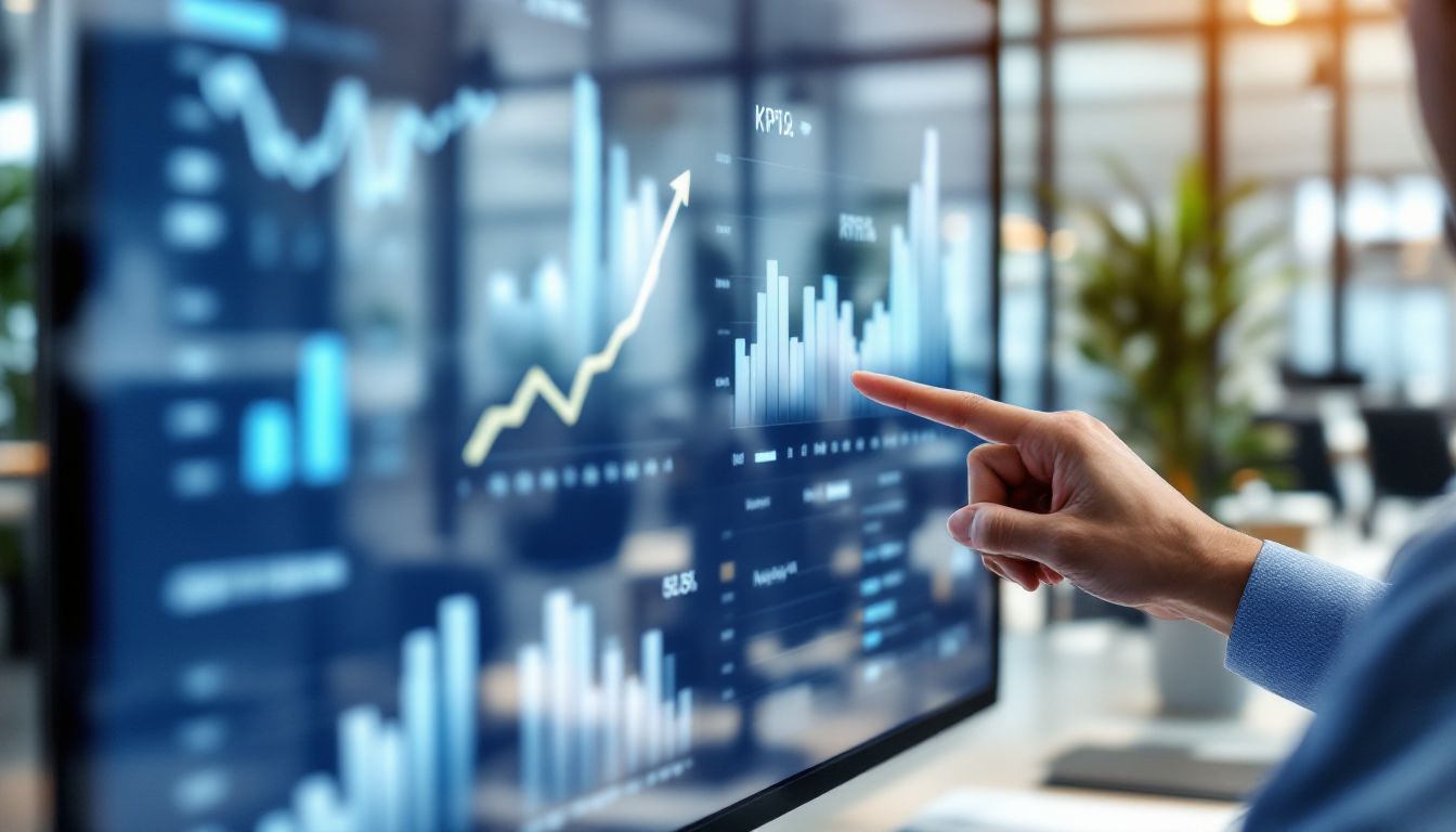 비즈니스 KPI 데이터가 시각화된 대시보드를 보며 데이터 기반 의사결정을 내리는 모습