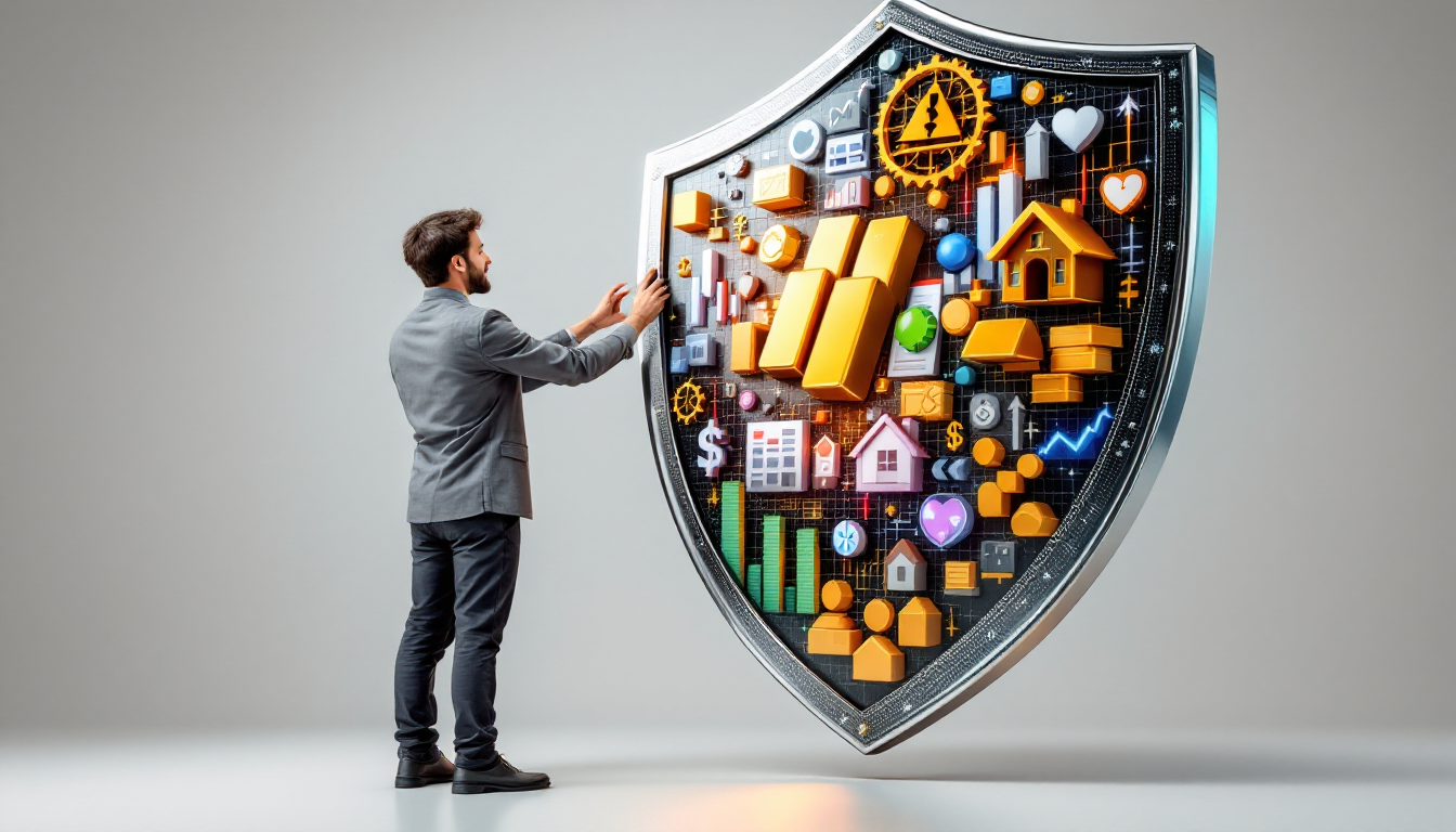 자산, 건강, 인플레이션 등 다양한 리스크로부터 경제적 자유를 지키는 자산 관리를 시각화한 이미지.