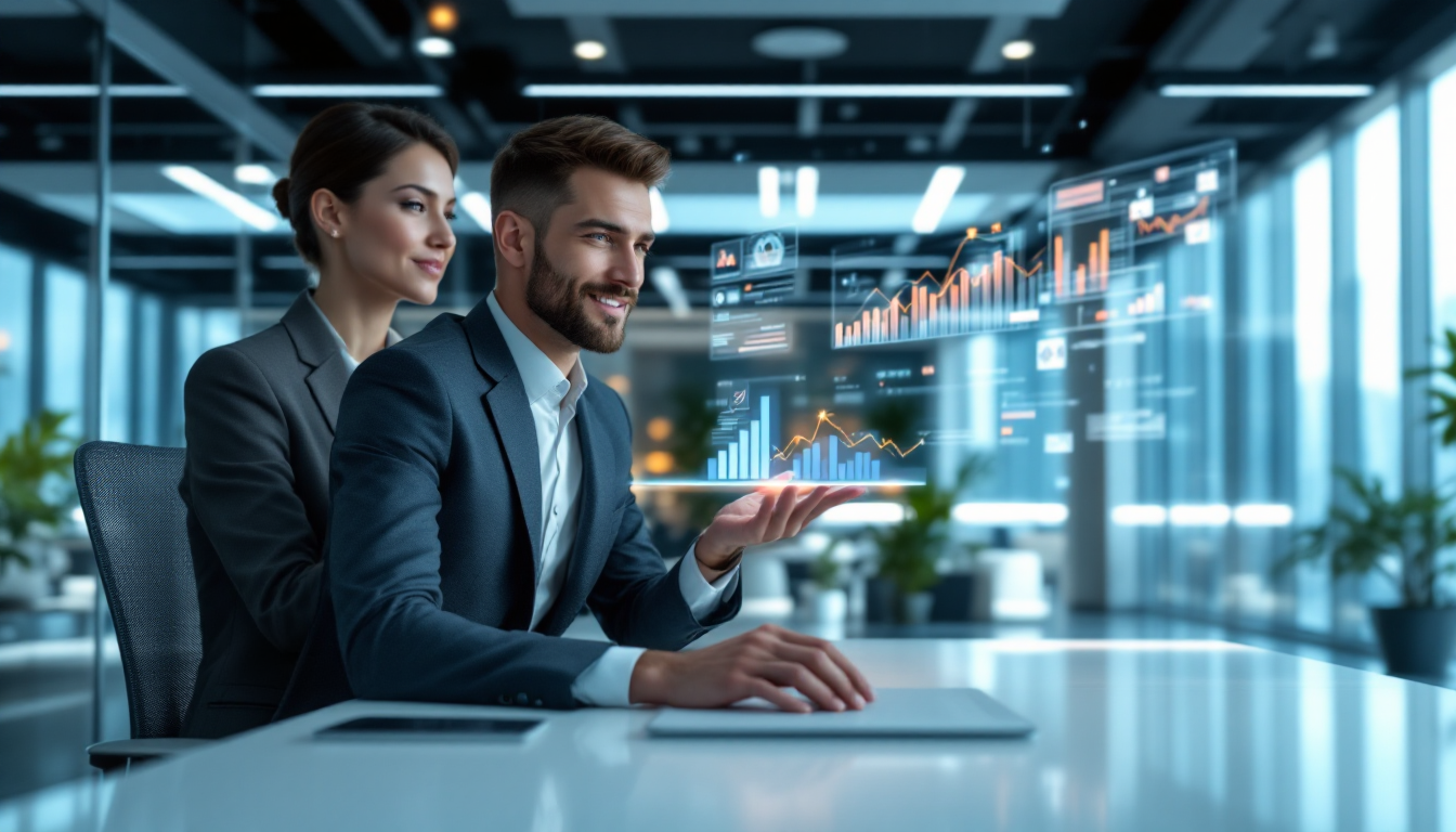 현대적인 사무실에서 AI 어시스턴트가 자동으로 보고서를 생성하고 파일을 정리하는 모습