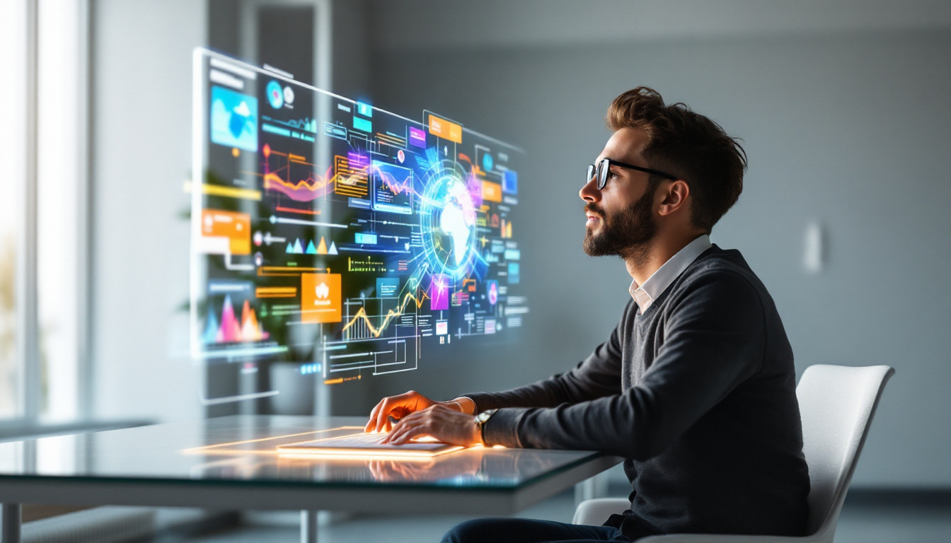 마케터가 AI를 활용하여 개인화된 콘텐츠를 만들고 고객 데이터를 분석하는 혁신적인 마케팅 환경