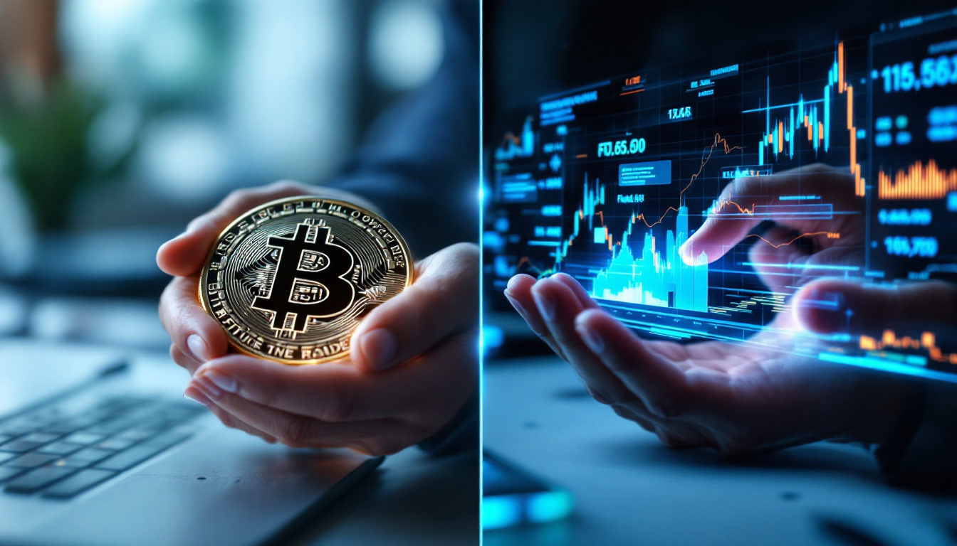 암호화폐 현물 거래와 선물 거래의 차이점을 보여주는 이미지. 왼쪽은 실제 코인을 손에 들고 있고, 오른쪽은 허공의 디지털 계약서와 차트를 조작하고 있다.