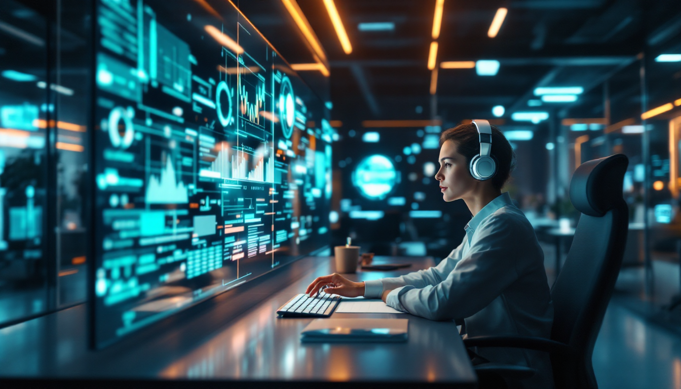 AI가 반복적인 서류 작업을 처리하는 동안 전문가는 창의적인 업무에 집중하는 미래적인 사무실 풍경